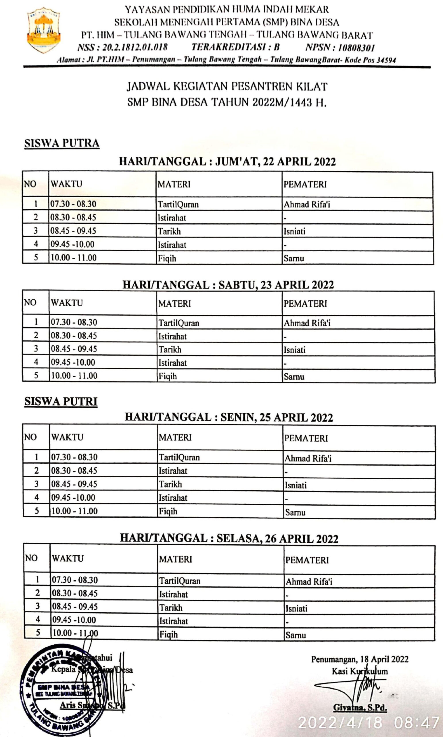 JADWAL PESANTREN KILAT TAHUN   SMP BINA DESA ..