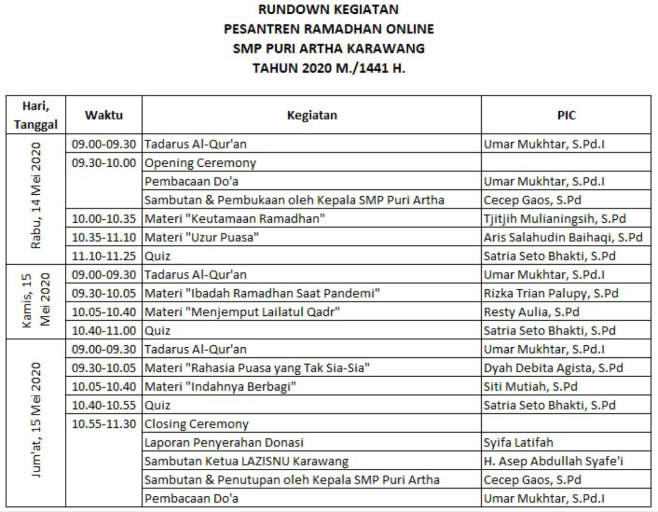 Pesantren Kilat Ramadhan Online SMP Puri Artha - Berita SMP PURI ARTHA