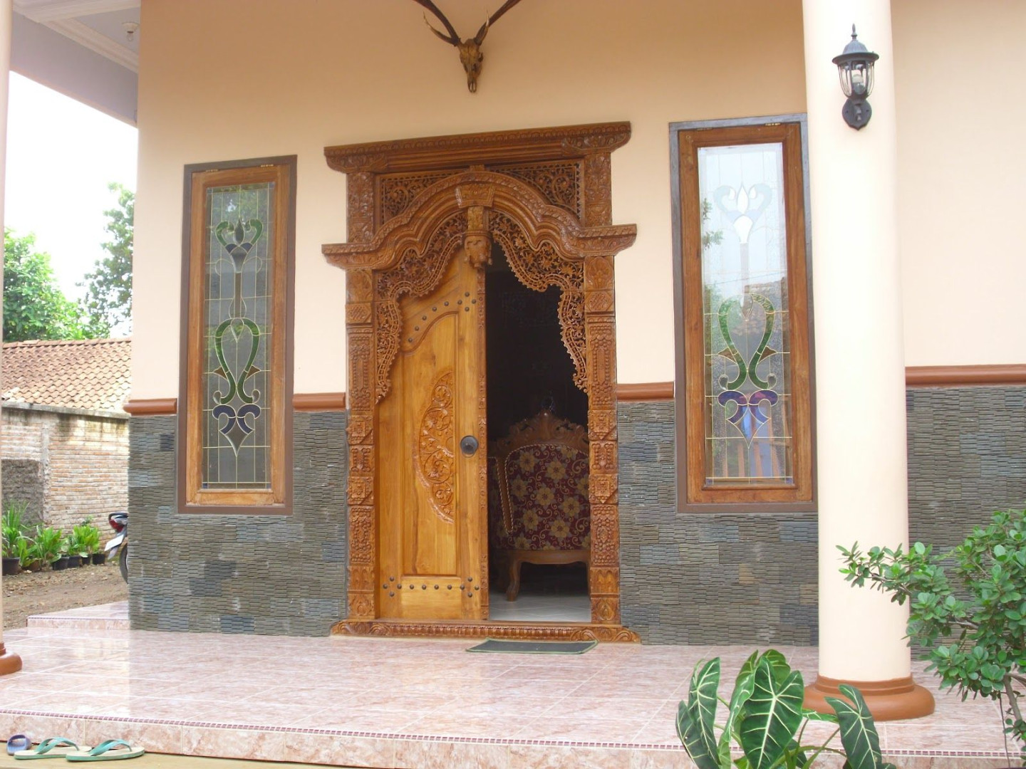 Desain Rumah Gebyok Modern  Wooden front door design, Front door