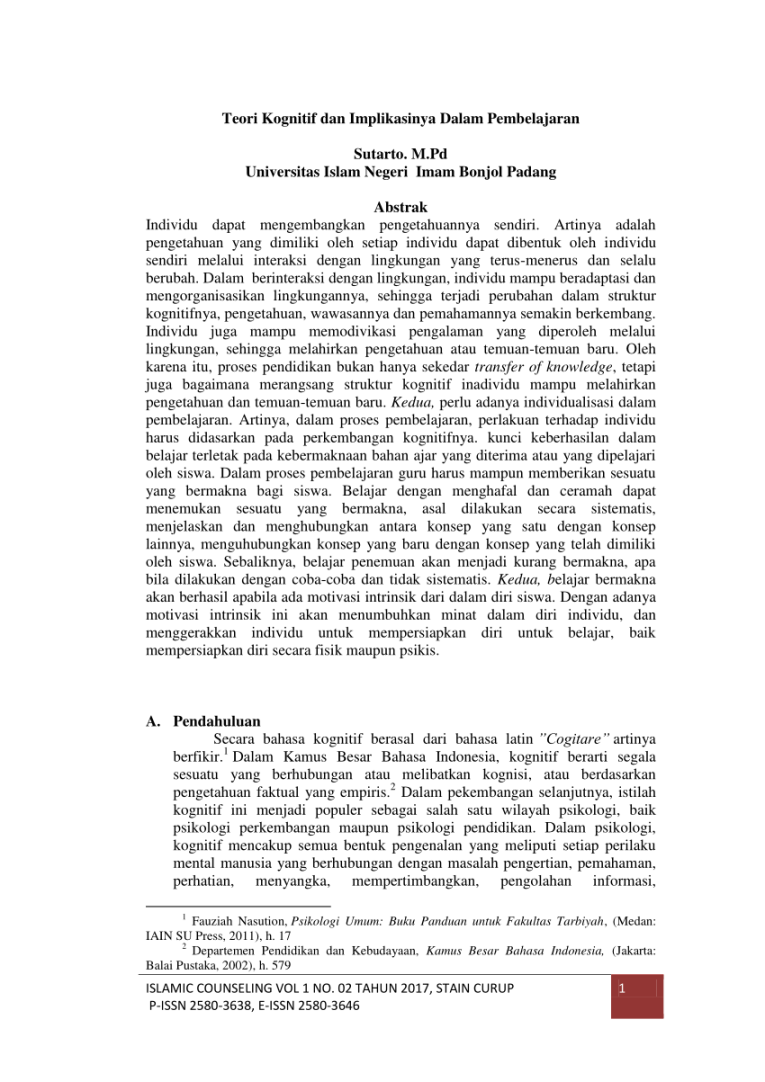 PDF) Teori Kognitif dan Implikasinya Dalam Pembelajaran